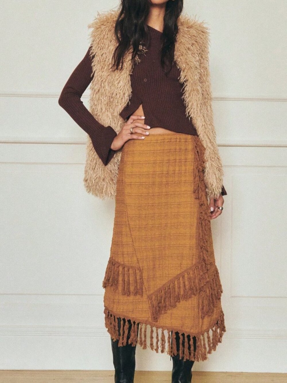 Brown Elegant Women's Fringe Midi Pencil Skirt